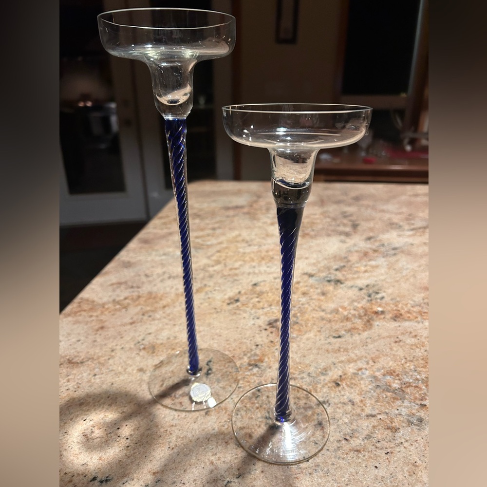 Crystal Clear Cobalt Blue Tall Stem Candle holders. 12” and 10” tall. Set of 2.